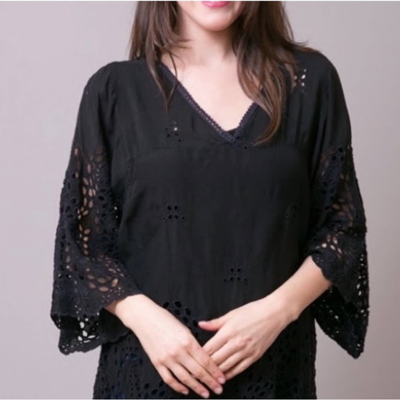 Johnny Was V-Neck Embroidered Eyelet Tunic Dress